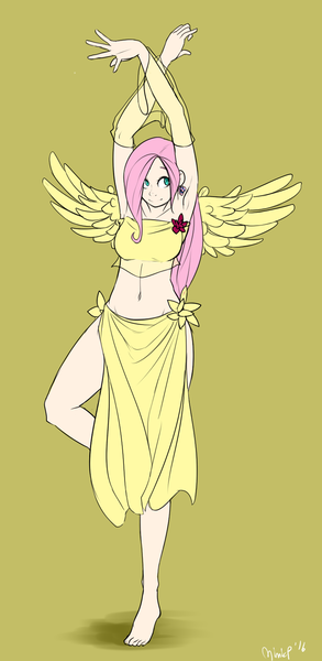 Size: 808x1656 | Tagged: safe, artist:mimicpony, banned from derpibooru, deleted from derpibooru, derpibooru import, fluttershy, human, armpits, balancing, barefoot, belly button, clothes, feet, humanized, midriff, raised leg, see-through, skirt, smiling, solo, spread wings, wings