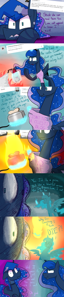 Size: 1280x5849 | Tagged: safe, artist:amarcato, banned from derpibooru, deleted from derpibooru, derpibooru import, princess luna, robot, ask technolestia, absurd resolution, clothes, comic, fire, magic shirt, shirt, toaster