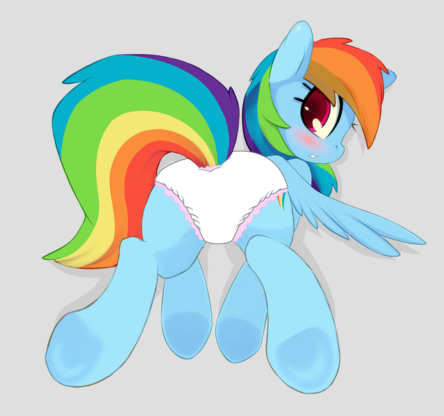 Size: 1625x1525 | Tagged: suggestive, artist:grumblepluck, banned from derpibooru, deleted from derpibooru, derpibooru import, edit, edited edit, editor:fillylover, rainbow dash, butt, clothes, diaper, diaper edit, diaper fetish, female, fetish, hooves, looking at you, looking back, plot, raised tail, socks, solo, solo female, tail