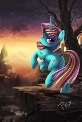 Size: 1024x1512 | Tagged: safe, artist:ponykillerx, banned from derpibooru, deleted from derpibooru, derpibooru import, dewdrop dazzle, epic, looking at you, looking back, outcrop, rearing, scenery, solo, underhoof, waterfall