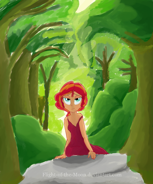 Size: 1000x1200 | Tagged: safe, artist:flight-of-the-moon, banned from derpibooru, deleted from derpibooru, derpibooru import, sunset shimmer, equestria girls, alternate hairstyle, bedroom eyes, clothes, dress, forest, looking at you, sitting, solo