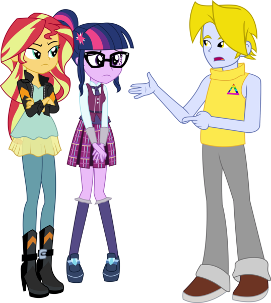 Size: 2365x2639 | Tagged: safe, artist:sketchmcreations, banned from derpibooru, deleted from derpibooru, derpibooru import, sci-twi, sunset shimmer, twilight sparkle, oc, oc:delta brony, equestria girls, friendship games, commission, simple background, talking, transparent background, vector