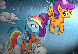 Size: 1700x1200 | Tagged: safe, artist:blackpantherpira, banned from derpibooru, deleted from derpibooru, derpibooru import, rainbow dash, scootaloo, bound wings, chains, clothes, comforting, crying, prisoner rd, prison outfit, rain, sad, scootaloo can fly, wings