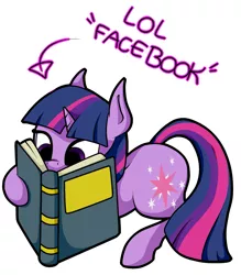 Size: 1119x1280 | Tagged: safe, artist:sisistarr, banned from derpibooru, deleted from derpibooru, derpibooru import, twilight sparkle, pony, unicorn, book, bookhorse, facebook, facebooking, female, literal, mare, pun, solo, that pony sure does love books, unicorn twilight, visual pun