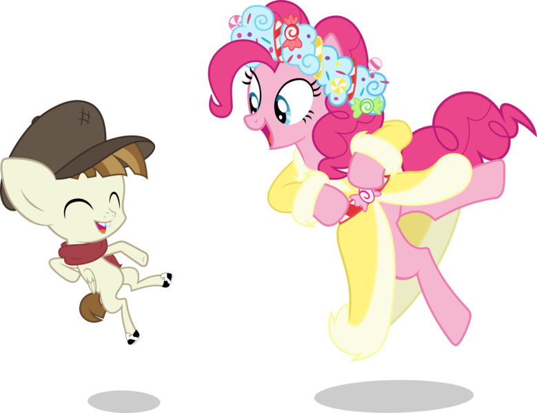 Size: 6142x4728 | Tagged: safe, artist:chebut, banned from derpibooru, deleted from derpibooru, derpibooru import, featherweight, pinkie pie, spirit of hearth's warming presents, a hearth's warming tail, absurd resolution, clothes, dress, duo, hat, scarf, simple background, .svg available, transparent background, vector