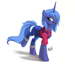 Size: 1400x1200 | Tagged: safe, artist:ponykillerx, banned from derpibooru, deleted from derpibooru, derpibooru import, princess luna, pony, clothes, female, hoodie, mare, open mouth, overalls, s1 luna, solo, wingless