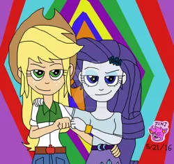 Size: 1024x966 | Tagged: safe, artist:resotii, banned from derpibooru, deleted from derpibooru, derpibooru import, applejack, rarity, equestria girls, fist bump, watermark