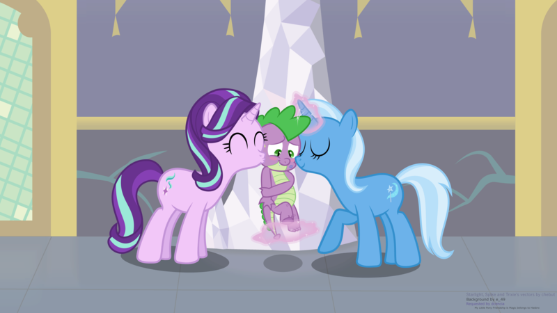 Size: 8533x4800 | Tagged: safe, artist:chebut, banned from derpibooru, deleted from derpibooru, derpibooru import, spike, starlight glimmer, trixie, absurd resolution, bisexual, blushing, cuddling, eyes closed, female, kissing, lesbian, levitation, lipstick, love triangle, magic, male, polyamory, shipping, snuggling, sparlight, sparlixie, spike gets all the mares, spixie, straight, telekinesis, twilight's castle