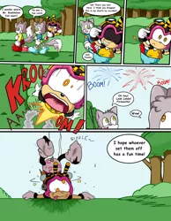 Size: 5100x6588 | Tagged: safe, artist:sdcharm, banned from derpibooru, deleted from derpibooru, derpibooru import, apple bloom, oc, anthro, fox, absurd resolution, anthro oc, barely pony related, charmy bee, clothes, comic, crossover, derp, fireworks, prank, sonic the hedgehog, sonic the hedgehog (series), underwear