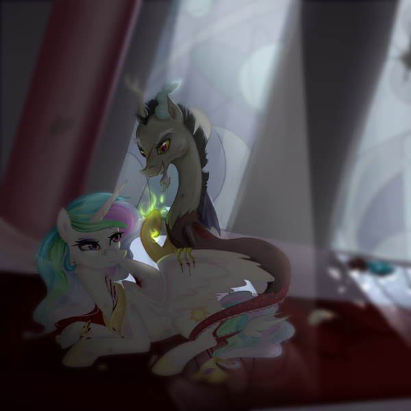 Size: 1000x1000 | Tagged: grimdark, artist:yuntaoxd, banned from derpibooru, deleted from derpibooru, derpibooru import, discord, princess celestia, black eye, blood, bruised, canterlot castle, evil, evil grin, fight, grin, imminent death, imminent rape, imminent sex, implied murder, implied rape, scratches, smiling