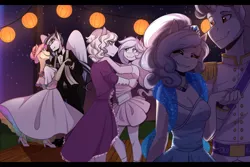 Size: 1280x857 | Tagged: safe, artist:harmoniousrain, banned from derpibooru, deleted from derpibooru, derpibooru import, oc, oc:opalescent pearl, oc:prince topaz, unofficial characters only, anthro, anthro oc, clothes, dancing, dress, female, male, straight