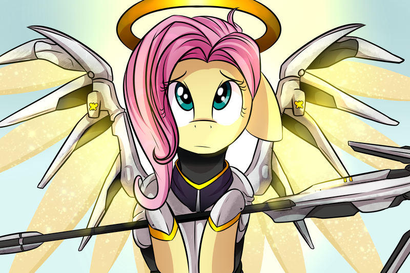 Size: 3000x2000 | Tagged: safe, artist:amarcato, banned from derpibooru, deleted from derpibooru, derpibooru import, fluttershy, bronycon, bronycon 2016, armor, crossover, cute, mercy, mercyshy, overwatch, print, shyabetes, solo, weapon