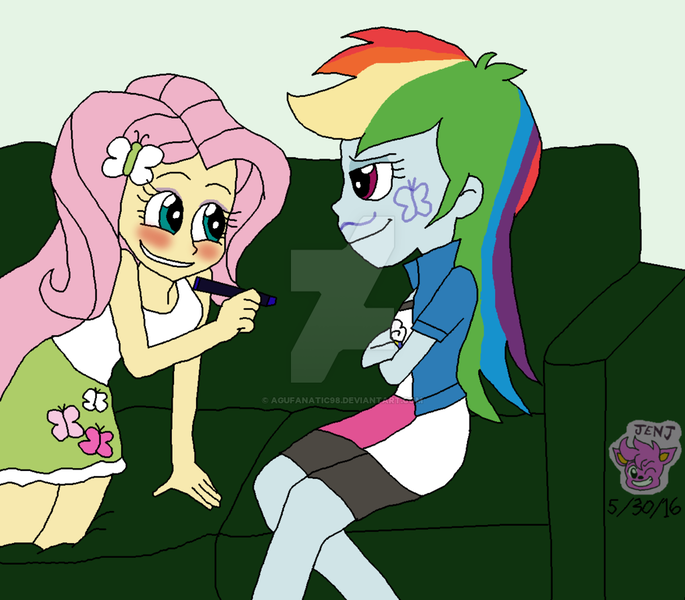 Size: 1024x897 | Tagged: safe, artist:resotii, banned from derpibooru, deleted from derpibooru, derpibooru import, fluttershy, rainbow dash, equestria girls, face doodle, marker, watermark