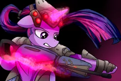 Size: 3000x2000 | Tagged: safe, artist:amarcato, banned from derpibooru, deleted from derpibooru, derpibooru import, twilight sparkle, bronycon, bronycon 2016, armor, crossover, gun, magic, overwatch, print, solo, twilightmaker, weapon, widowmaker