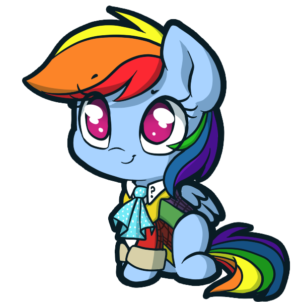 Size: 600x600 | Tagged: safe, artist:ashleynicholsart, banned from derpibooru, deleted from derpibooru, derpibooru import, rainbow dash, chibi, clothes, cute, dashabetes, doctor who, fashion disaster, no pupils, rainbow, sixth doctor, solo, the explosion in a rainbow factory