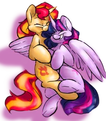 Size: 1024x1170 | Tagged: safe, artist:shellielle, banned from derpibooru, deleted from derpibooru, derpibooru import, sunset shimmer, twilight sparkle, twilight sparkle (alicorn), alicorn, pony, unicorn, cuddling, eyes closed, female, lesbian, shipping, smiling, snuggling, sunsetsparkle