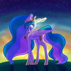 Size: 1024x1024 | Tagged: safe, artist:thenerdycockatiel, banned from derpibooru, deleted from derpibooru, derpibooru import, princess celestia, glowing horn, horn, magic, solo, sunrise, sun work