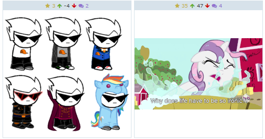 Size: 518x273 | Tagged: safe, artist:blackwishingstar, banned from derpibooru, deleted from derpibooru, derpibooru import, screencap, rainbow dash, sweetie belle, one bad apple, clothes, cosplay, costume, crossover, dirk strider, homestuck