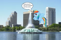 Size: 1600x1050 | Tagged: safe, banned from derpibooru, deleted from derpibooru, derpibooru import, rainbow dash, pony, 2016 orlando shootings, florida, irl, mouthpiece, obligatory pony, orlando, photo, ponies in real life, skyline, tribute