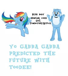 Size: 2092x2332 | Tagged: safe, banned from derpibooru, deleted from derpibooru, derpibooru import, rainbow dash, text, tomboy, toodee, yo gabba gabba