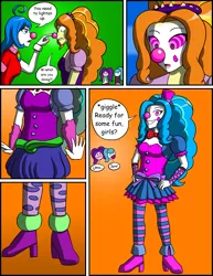 Size: 5100x6600 | Tagged: safe, artist:tf-circus, banned from derpibooru, deleted from derpibooru, derpibooru import, adagio dazzle, aria blaze, sonata dusk, equestria girls, clown, clown nose, comic, creepy, hypnosis, transformation