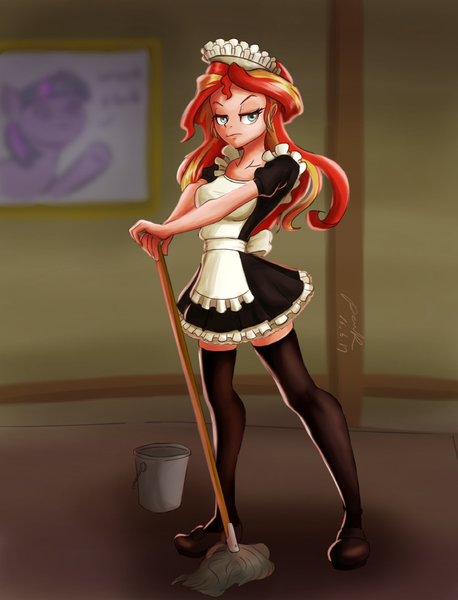 Size: 800x1048 | Tagged: safe, artist:the-park, banned from derpibooru, deleted from derpibooru, derpibooru import, sunset shimmer, twilight sparkle, equestria girls, bucket, clothes, human coloration, maid, mop, socks, solo, thigh highs