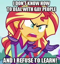 Size: 365x390 | Tagged: safe, banned from derpibooru, deleted from derpibooru, derpibooru import, sunset shimmer, equestria girls, friendship games, caption, exploitable meme, image macro, meme, sunset is not willing to learn, text