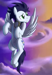 Size: 1064x1550 | Tagged: dead source, safe, artist:dripponi, banned from derpibooru, deleted from derpibooru, derpibooru import, soarin', belly button, cloud, cute, flying, raised eyebrow, sky, smiling, solo, spread wings, wings