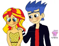 Size: 1024x805 | Tagged: safe, artist:resotii, banned from derpibooru, deleted from derpibooru, derpibooru import, flash sentry, sunset shimmer, equestria girls, alternate costumes, blushing, female, flashimmer, male, shipping, straight