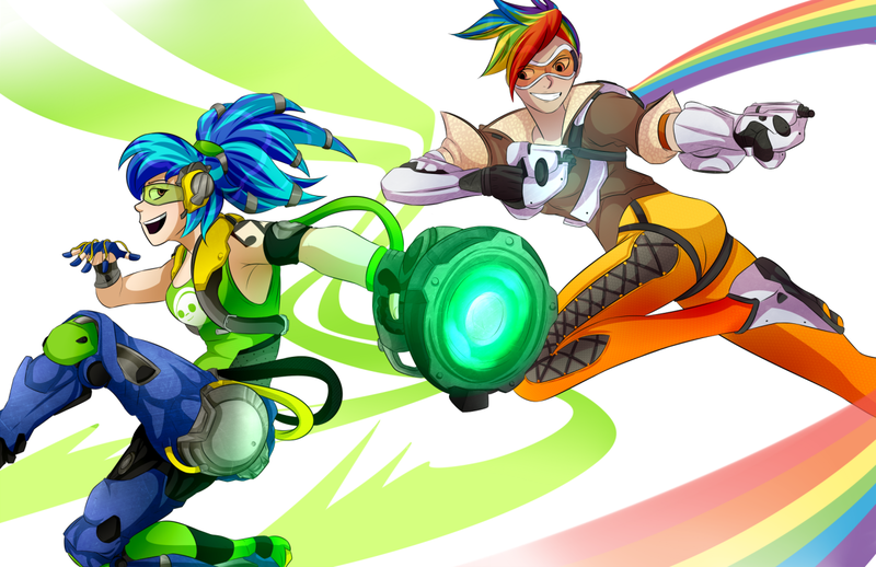 Size: 1280x828 | Tagged: safe, artist:amarcato, banned from derpibooru, deleted from derpibooru, derpibooru import, rainbow dash, vinyl scratch, human, armpits, crossover, humanized, lucio, overwatch, rainbow tracer, tracer, video game