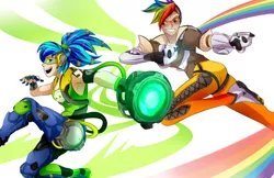 Size: 1280x828 | Tagged: safe, artist:amarcato, banned from derpibooru, deleted from derpibooru, derpibooru import, rainbow dash, vinyl scratch, human, armpits, crossover, humanized, lucio, overwatch, rainbow tracer, tracer, video game