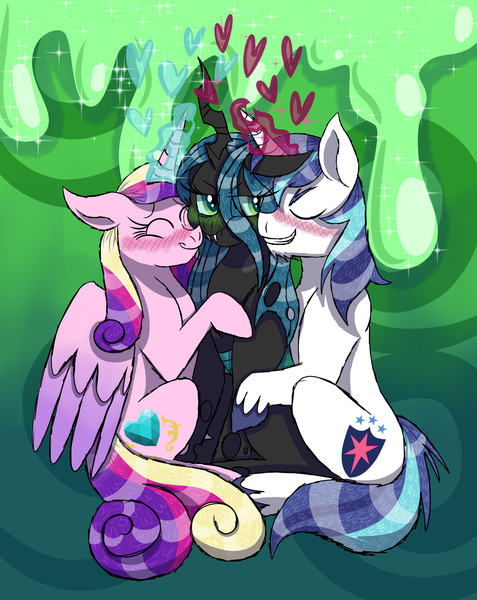 Size: 2307x2899 | Tagged: safe, artist:haleythewerehog, banned from derpibooru, deleted from derpibooru, derpibooru import, princess cadance, queen chrysalis, shining armor, bisexual, blushing, boop, cadalis, chrysarmordance, cute, cutealis, cutedance, eyes closed, female, glowing horn, grin, grumpy, heart, horn, hug, infidelity, lesbian, magic, male, missing accessory, noseboop, nuzzling, ot3, polyamory, scrunchy face, shining adorable, shining chrysalis, shipping, sitting, smiling, straight, :t, tsundalis, tsundere, unamused