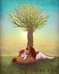 Size: 1048x1322 | Tagged: safe, artist:php84, banned from derpibooru, deleted from derpibooru, derpibooru import, oc, oc:athaal, oc:moxie, unofficial characters only, fanfic, cuddling, fanfic art, fanfic cover, snuggling, sunset, tree