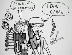 Size: 3010x2314 | Tagged: safe, artist:atisuto17, banned from derpibooru, deleted from derpibooru, derpibooru import, rainbow dash, scootaloo, big sister, crossover, derp, female, grayscale, happy wheels, irresponsible dad, monochrome, pewdiepie, traditional art