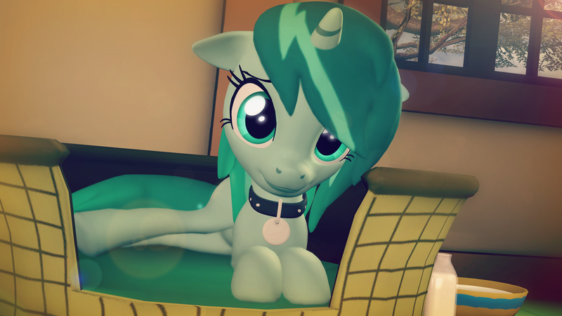 Size: 2920x1642 | Tagged: questionable, artist:prettyboyace, banned from derpibooru, deleted from derpibooru, derpibooru import, oc, oc:elysia, unofficial characters only, cat, pony, unicorn, 3d, bed, collar, cute, digital art, lying, lying down, milk, pet, pet tag, pony pet, solo