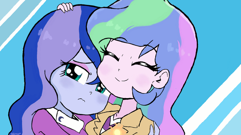 Size: 1280x720 | Tagged: safe, artist:leone di cielo, artist:the-butch-x, banned from derpibooru, deleted from derpibooru, derpibooru import, edit, princess celestia, princess luna, equestria girls, rainbow rocks, art theft, cakes, canterlot high, cute, cutelestia, female, hug, love, lunabetes, magic, principal celestia, siblings, sisters, smiling, vice principal luna