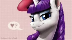 Size: 2499x1408 | Tagged: safe, artist:confused--guy, banned from derpibooru, deleted from derpibooru, derpibooru import, rarity, beatnik rarity, beret, clothes, hat, heart, smug, smugity, sweater