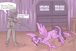 Size: 1110x739 | Tagged: grimdark, artist:lawrence alpaca, banned from derpibooru, deleted from derpibooru, derpibooru import, twilight sparkle, twilight sparkle (alicorn), alicorn, human, pony, abuse, crying, dialogue, disease, execution, gun, mercy kill, twilybuse, weapon