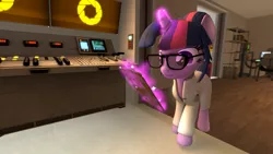 Size: 3840x2160 | Tagged: safe, artist:xppp1n, banned from derpibooru, deleted from derpibooru, derpibooru import, twilight sparkle, 3d, clothes, glasses, lab coat, monitor, solo, source filmmaker