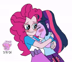 Size: 963x830 | Tagged: safe, artist:resotii, banned from derpibooru, deleted from derpibooru, derpibooru import, pinkie pie, twilight sparkle, equestria girls, blushing, female, hug, lesbian, shipping, twinkie, watermark