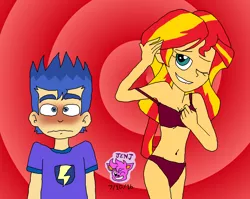 Size: 1400x1116 | Tagged: suggestive, artist:resotii, banned from derpibooru, deleted from derpibooru, derpibooru import, flash sentry, sunset shimmer, equestria girls, belly button, blushing, breasts, cleavage, clothes, female, flashimmer, male, one eye closed, panties, shipping, spiral, straight, teasing, underwear, wink