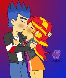 Size: 1024x1198 | Tagged: safe, artist:resotii, banned from derpibooru, deleted from derpibooru, derpibooru import, flash sentry, sunset shimmer, equestria girls, blushing, female, flashimmer, kissing, male, shipping, straight, watermark
