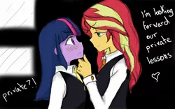 Size: 2560x1600 | Tagged: safe, artist:angeltorchic, banned from derpibooru, deleted from derpibooru, derpibooru import, sunset shimmer, twilight sparkle, twilight sparkle (alicorn), alicorn, equestria girls, blushing, canterlot academia, clothes, dialogue, duo, exclamation point, female, heart (organ), lesbian, organs, private lesson, question mark, shipping, sunsetsparkle, text, waistcoat