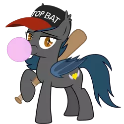 Size: 1599x1600 | Tagged: artist needed, safe, banned from derpibooru, deleted from derpibooru, derpibooru import, oc, oc:speck, unofficial characters only, bat pony, baseball bat, baseball cap, bubblegum, cap, food, gum, hat, holding hooves, looking at you, solo, top bat, vector