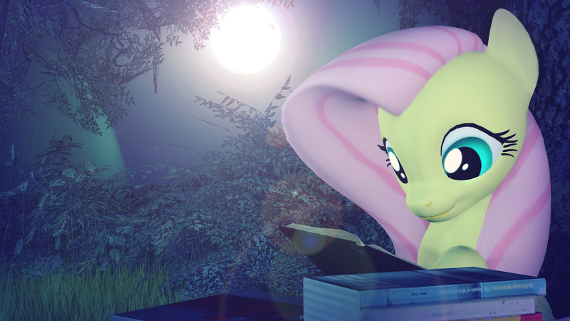 Size: 2920x1642 | Tagged: safe, artist:prettyboyace, banned from derpibooru, deleted from derpibooru, derpibooru import, fluttershy, 3d, book, cute, night, outdoors, reading, shyabetes, solo, source filmmaker