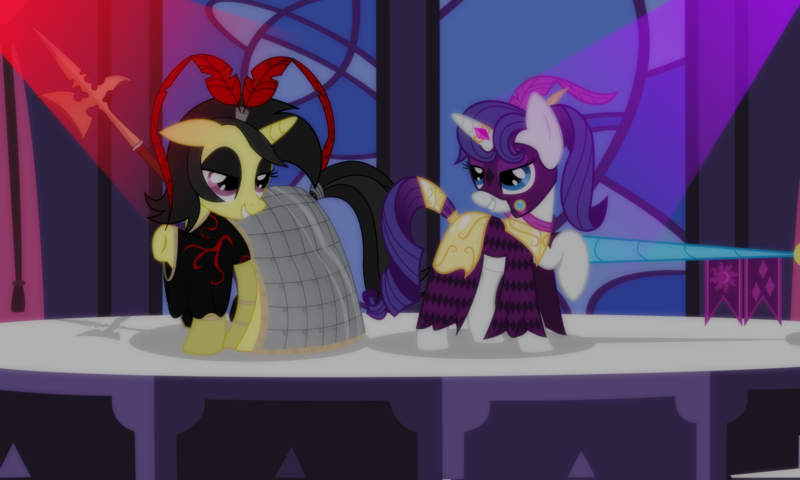 Size: 1682x1010 | Tagged: safe, artist:php86, artist:xenoneal, banned from derpibooru, deleted from derpibooru, derpibooru import, rarity, oc, oc:agate, armor, armorarity, clothes, collaboration, cosplay, costume, dress, duo, dynasty warriors, fashion show, gem, halberd, jousting, lu bu, mask, weapon