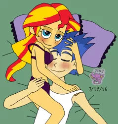 Size: 1024x1072 | Tagged: suggestive, artist:resotii, banned from derpibooru, deleted from derpibooru, derpibooru import, flash sentry, sunset shimmer, equestria girls, blushing, clothes, female, flashimmer, male, shipping, straight, underwear, watermark