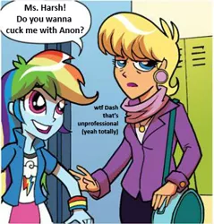 Size: 322x337 | Tagged: suggestive, banned from derpibooru, deleted from derpibooru, derpibooru import, edit, idw, ms. harshwhinny, rainbow dash, oc, oc:anon, equestria girls, cuckolding, exploitable meme, meme