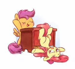 Size: 1193x1100 | Tagged: safe, artist:jumblehorse, banned from derpibooru, deleted from derpibooru, derpibooru import, apple bloom, scootaloo, adorabloom, cute, cutealoo, musical instrument, piano, simple background, white background