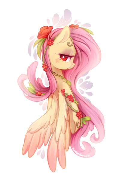 Size: 835x1223 | Tagged: safe, artist:jumblehorse, banned from derpibooru, deleted from derpibooru, derpibooru import, fluttershy, flower, flower in hair, lidded eyes, looking back, simple background, solo